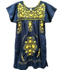 Mexican Navy   Yellow Floral Hand Embroidery Dress Puebla Tunic W pockets M