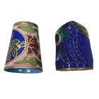 Vintage Chinese Cloisonne Enamel Owl Thimbles Set Of 2 Blue Bird Floral Filigree
