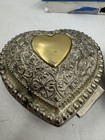 Pair Vintage Silverplate Gold Heart Hinged Trinket Box Set Red Velvet Lining