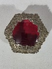 Vtg Ornate Gold Silver Tone Jewelry Trinket Box Beveled Glass Red Velvet Roses 