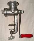 Vintage Cast Iron Meat Grinder Food Chopper  91 Red Wood Handle Clamp-on