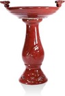 25  Tall Outdoor Ceramic Antique Pedestal Birdbath With 2 Bird Figurines  Red