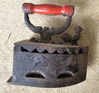 Antique Charcoal Hand Sad Iron With Rooster Latch   Cast Iron Trivet Red Handle