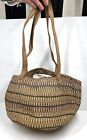 Vintage Sisal Market Basket Tote Bag Leather Handles Raffia Bohemian