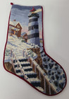 19  Lighthouse Winter Scene Wool Needlepoint Christmas Stocking Velvet Back