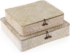 Set Of 2 Flat Woven Wicker Storage Bins With Lid Natural Seagrass Basket Boxe   