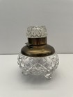 Antique   Vintage Brass   Cut Glass Crystal Inkwell W hinged Lid Footed