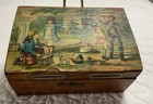 Antique Wood Trinket Or Sewing Box  Victorian Children On Cover  Toys