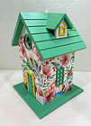 Wooden Birdhouse Green Roof With Floral  Design