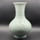Vintage Chinese Celadon Porcelain Vase Carved Lotus Floral Relief Pale Green 8 