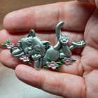 Vintage Jj Jonette Jewelry Silver Tone Pewter Cat Pin Brooch With Pink Flowers