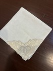 Vtg Net Lace Linen Handkerchief 10x10 Embroidered Butterfly Bridal Wedding Hanky