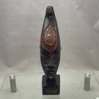 Vintage African Carved Ebony Wood Head On Stand W  Brass Tack Inlay     Tribal Art