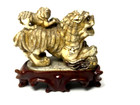 Antique Intricately Carved Solid Stone Foo Dogs Sculpture With Stand