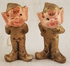 2 Vintage 1950s Japan Ceramic Winking Pixie Elf Ornaments Gold Glitter Pair Read