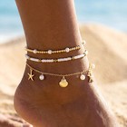 Shell Anklet For Women Beach Seashell Layered Stack 14k Gold Plated Pearl Beads