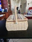 Azar Vintage Woven Wicker Sewing Basket Box Floral Print Fabric Gold beige Tones
