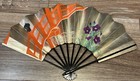 Vintage Japanese Hand Fan   Hand Painted Both Sides Black       lacquer Gold Euc