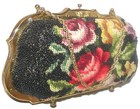 Floral Beaded Needlepoint Black Box Handbag Purse Antique