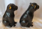 Pair Vintage Black Matte Panther Leopard Cat Mid-century Mcm Gold Cerarmic Retro
