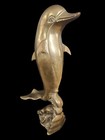 Vintage Large Solid Brass Dolphin On A Wave Figurine  Statue  Room Decor  14 x6 