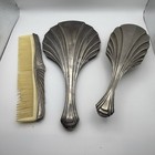 Vintage 3pc Vanity Set Art Deco Silver Tone Hand Mirror Hair Brush Comb Shell