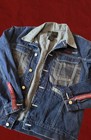 Fubu Men s Blue Denim Jacket Button Logo Striped Accents Size L