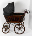 Vintage Wicker Ratan Doll Baby Buggy Canopy Metal Spoked Wood Wheels