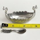 Vintage Norge Norwegian Handstopt Tinn Pewter Viking Ship Boat Salt Cellar Spoon