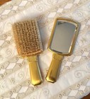 Vintage Hand Held Mirror With Brush   Gold Tone Handles   Enameled Blue Stripes