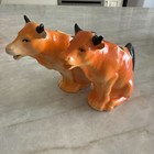 Vintage Czechoslovakia Orange Cow Creamers Pair Hand Painted Czech Pottery