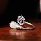 Vintage 925 Sterling Silver White Jade Ring Carved Lily Flower Bypass Boho