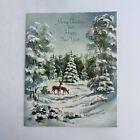 Vintage Mid Century Christmas Greeting Card Deer In Snowy Woods Trees Glitter
