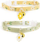 2 Pack Cotton Breakaway Cat Collar With Bell Yellow green Flowers Pendant Cute K