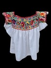 Mexican Oaxacan Top   Vintage 70 s White Hand Embroidered Hippie Peasant Blouse