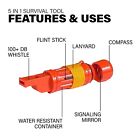 5-in-1 Emergency Survival Whistle     Compass  Mirror  Storage  Fire Starter  Rope