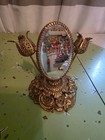 Rare Vintage Gold Ormolu Filigree Tabletop Vanity Mirror Tulip Lipstick Holder