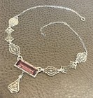 Vintage Art Deco Czech Lavalier Y Drop Necklace Faux Amethyst Glass Filigree