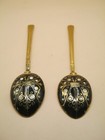 Vintage Birmingham Sterling Silver Gilt Pair Of Spoons With Russian Style Enamel