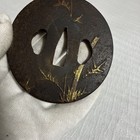 Antique Japanese Iron Tsuba Bamboo Motifs Gold Inlay Round Samurai Sword Guard
