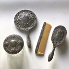 Vintage Ornate Silver Plated Hand Mirror Hair Brush Comb   Powder Jar Vanity Set