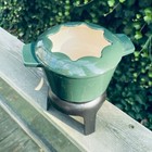 6  D Dark Green Enamel Metal Fondue Pot W Cast Iron Stand 3 5 Deep