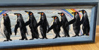 Vintage Crewel Embroidery Rainbow Walk Of Penguins Framed Wall Hanging 38x10