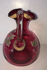 Bohemia Moser Cranberry Glass Jug Cruet Coralene Gold White Blue Enamel 12 Fl Oz