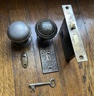 Antique Victorian Closet Door Hardware Set  Steel Door Knobs   Backplate W  Key