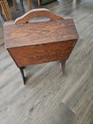Antique Wooden Brown Sewing Box With Handle And Legs