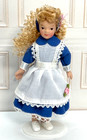 Dollhouse Miniature Porcelain Doll 4 5  Blond Curls Blue Dress Poseable 1 12