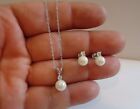 925 Sterling Silver Hanging Pearl Pendant Necklace   Earrings Set W  Accents