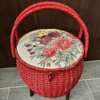 Vtg Wicker Sewing Basket With Legs Needlepoint Floral Red Stool Singer