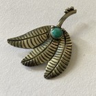 Vintage Silver Leaf Brooch Pin With Round Turquoise Stone Artsy Dimensional